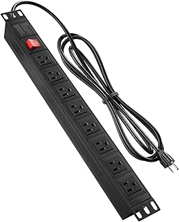 8-Outlet Wide Spaced Metal Power Strip, 19inch 1U Power Strip, Mountable Surge Protector for Network Server Racks, ETL Listed, Black