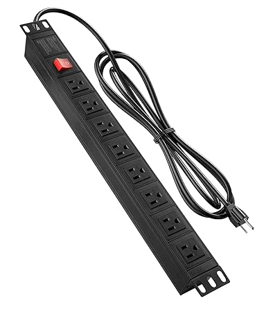 8 Outlet Metal Power Strip, Wide Spaced Power Strip Surge Protector, 1U Rack Mount Power Strip for Network Server Racks, 6FT Extension Cord, ETL Listed, Black