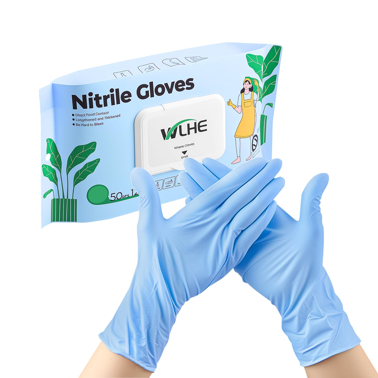 WLHE 12” Long Nitrile Gloves, Disposable Cleaning Glove, Powder Free & Hypoallergenic for Cooking, Household, Pack of 50(Blue, Small)
