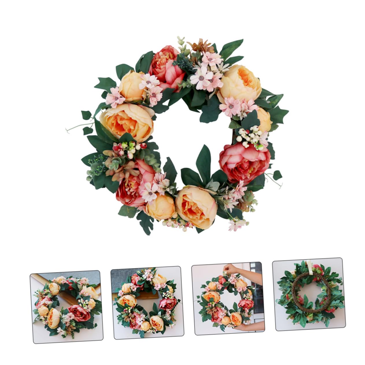 Hochzeitskranz mit Pfingstrosenblüten, Hängender Deko Kranz für Zuhause | Kunststoff und Seidenblume, Türkranz für Frühling, Festliche Wanddekoration, Girlanden Ornament