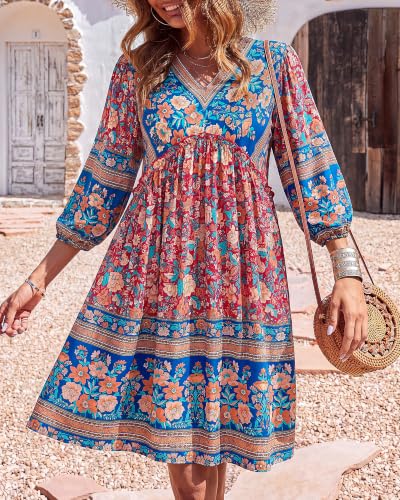 Image of BTFBM Women Casual Spring Summer Dresses V Neck 3 /4 Long Sleeve Ruffle Floral Flowy Boho Babydoll Mini Short Beach Dress