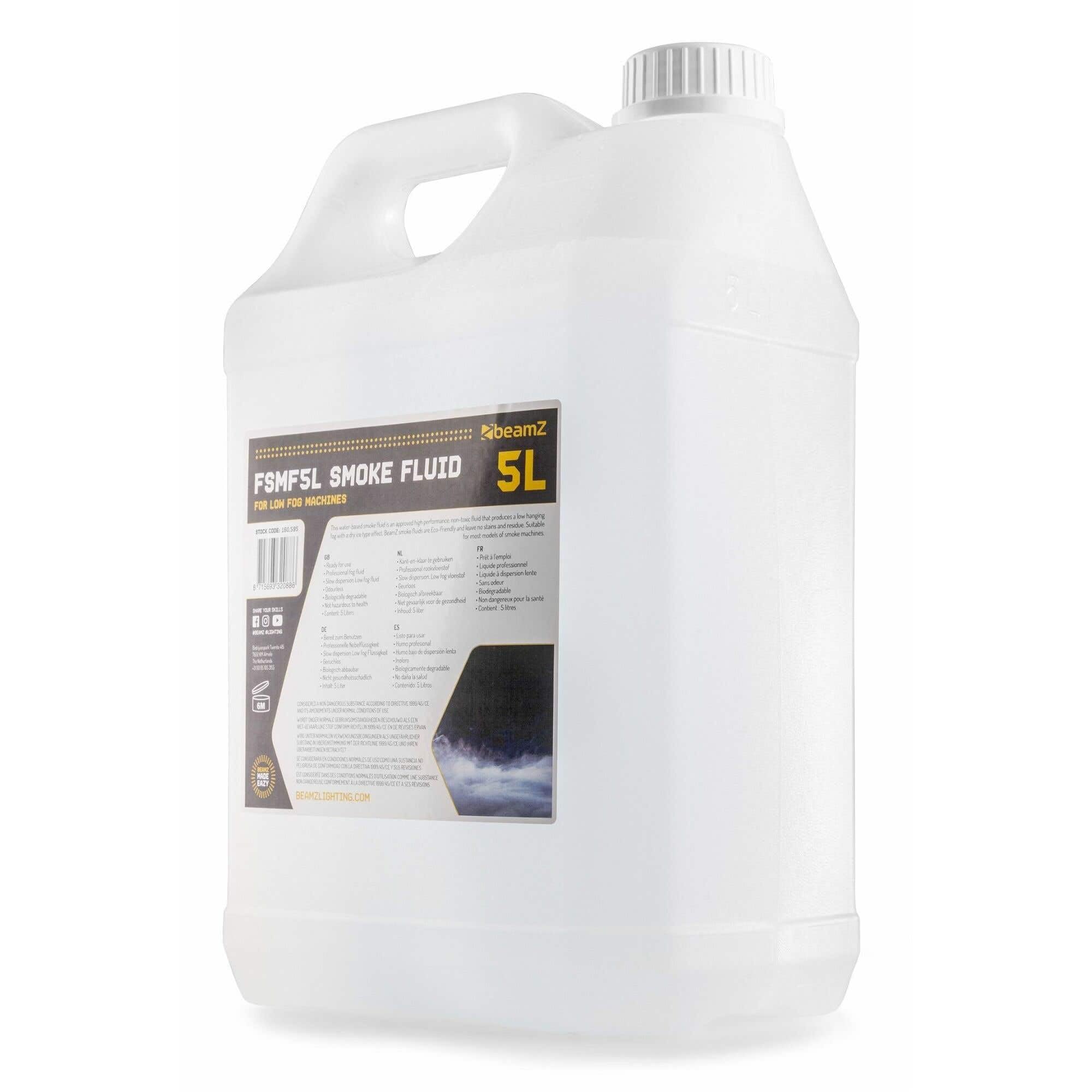 BeamZ FSMF5L Liquido para Maquina de Humo Bajo 5L, con Efecto de Hielo Seco y Dispersión Lenta, Liquido Maquina de Humo para Fiestas, Eventos, Humo Discoteca Ecológico, Alta Densidad, 5 Litros