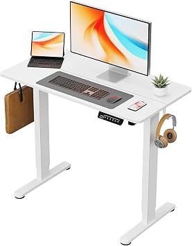 Small Electric Standing Desk, 40" 20" White Standing Table, Height Adjustable Compact Sit Stand Desk with Splice Board, Home Office Table with 2 Hooks