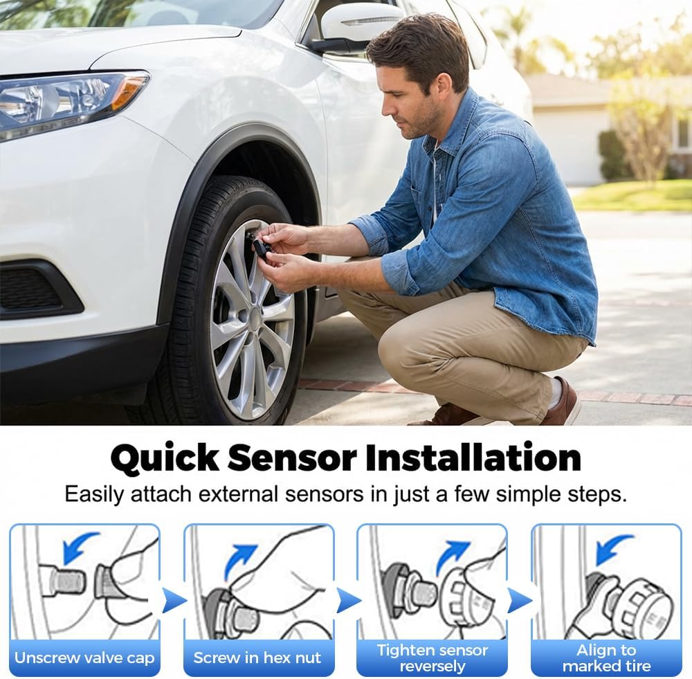 Solar Powered Tire Pressure Monitoring System TPMS with 4 External Sensors, 5 Alarm Modes, LCD Real-Time Display, Auto Sleep & Wake-Up, Universal for Car SUV RV MPV (4 Sensors)