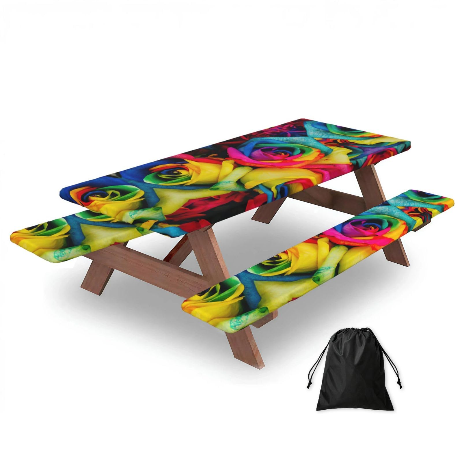 Zyjhyy Black Rainbow Rose Print 3 Pack Wipeable Picnic Bench Cover And Table Cover Lightweight Table Cloth For Camping Outdoor