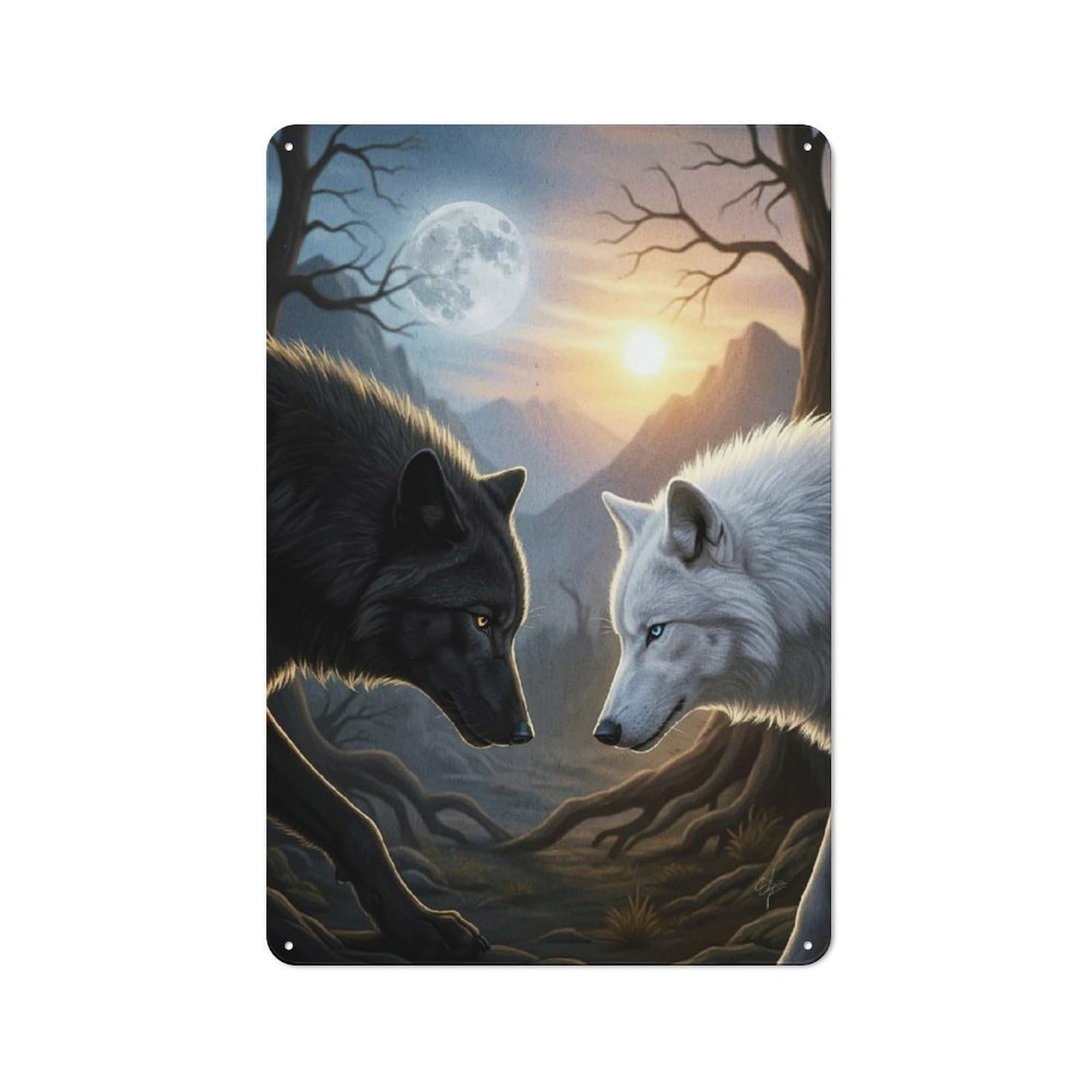 Wolves Staring Animal Metal Wall Plaque, Clean Printed Wall Decor for Home Bar, Pub Room Or Drinks Corner, 30x20cm