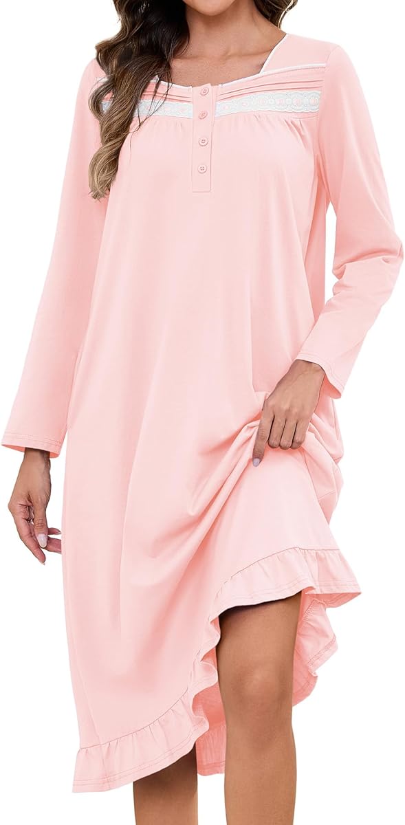 Bloggerlove Womens 100% Cotton Nightgown Long Sleeve House Dress with Pockets Sleep Dress S-3XL