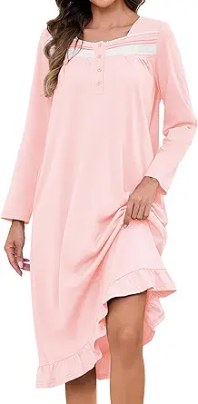 Bloggerlove Womens 100% Cotton Nightgown Long Sleeve House Dress with Pockets Sleep Dress S-3XL