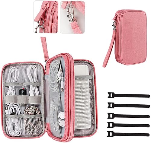 Miniatura 1 de Bolsa organizadora de cables de viaje, bolsa organizadora para accesorios electrónicos y cargador portátil externo (doble capa, mediano, rosa oscuro)