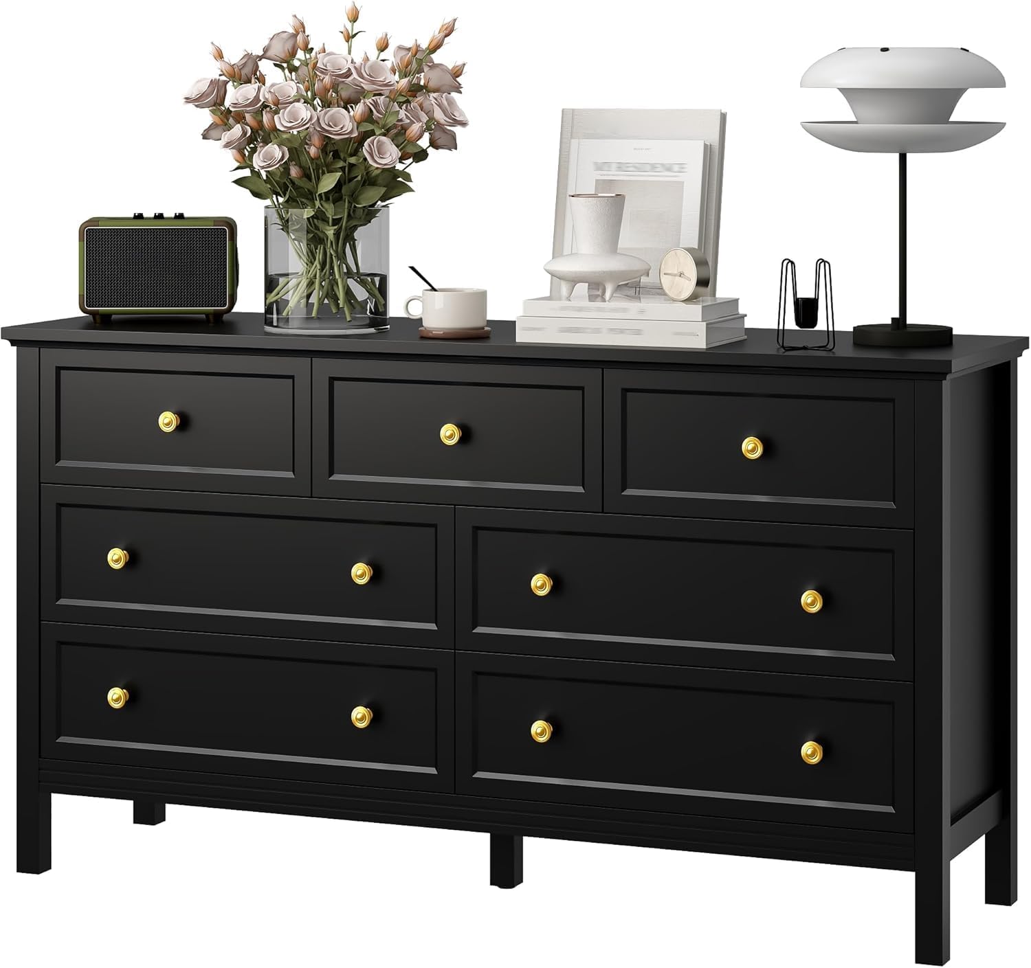 LYNSOM Black Dresser for Bedroom with 7 Drawers, Modern Wide Chest of Storage Drawer with Gold Handles, TV Stand Dresser, Wood Dressers for Bedroom, Living Room, Hallway, Entryway, 55’’