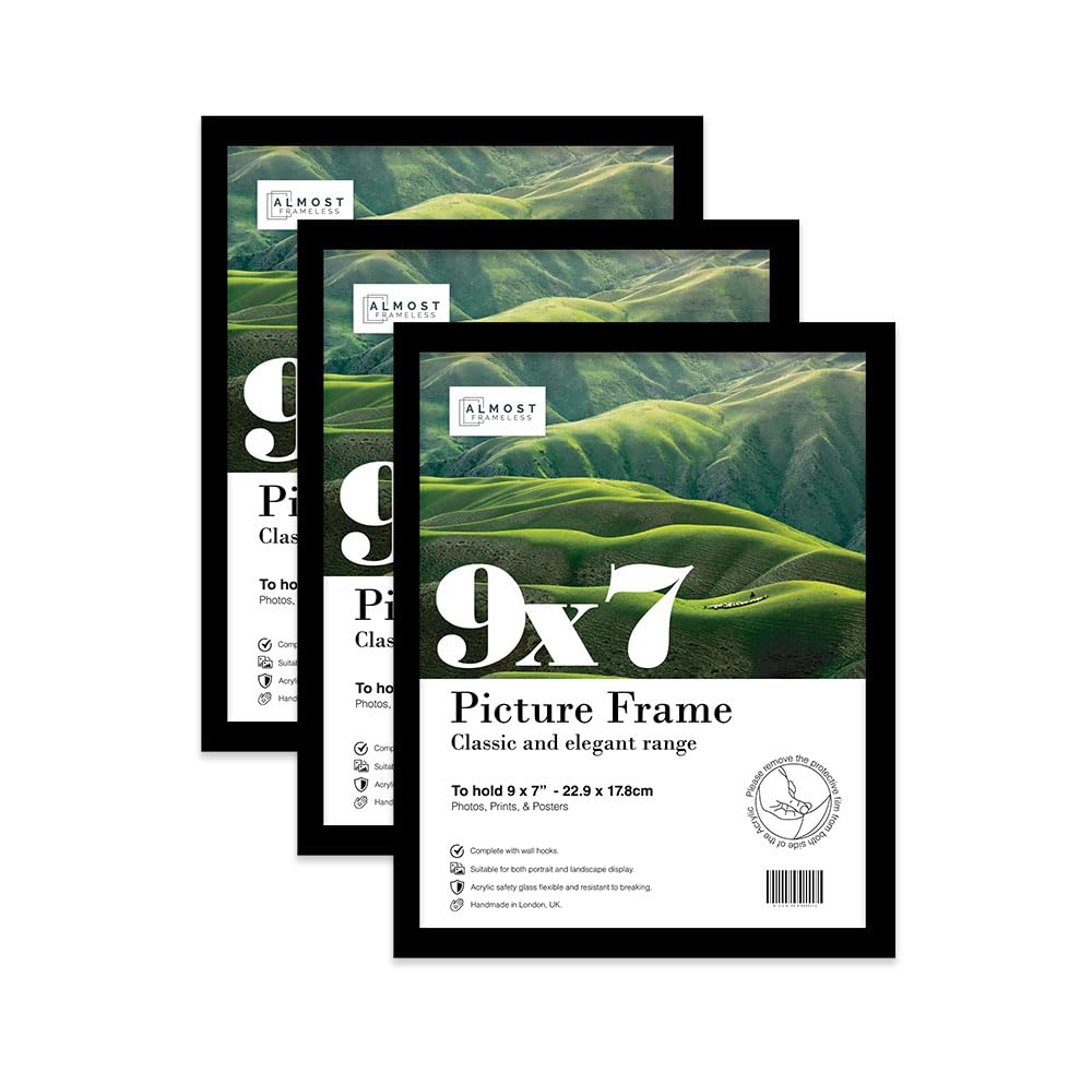 Almost Frameless 9x7 Black Picture Frame Set of 3, Display 9x7 Picture Gallery Wall, Poster, Photo, Artwork, or Print, Yellow