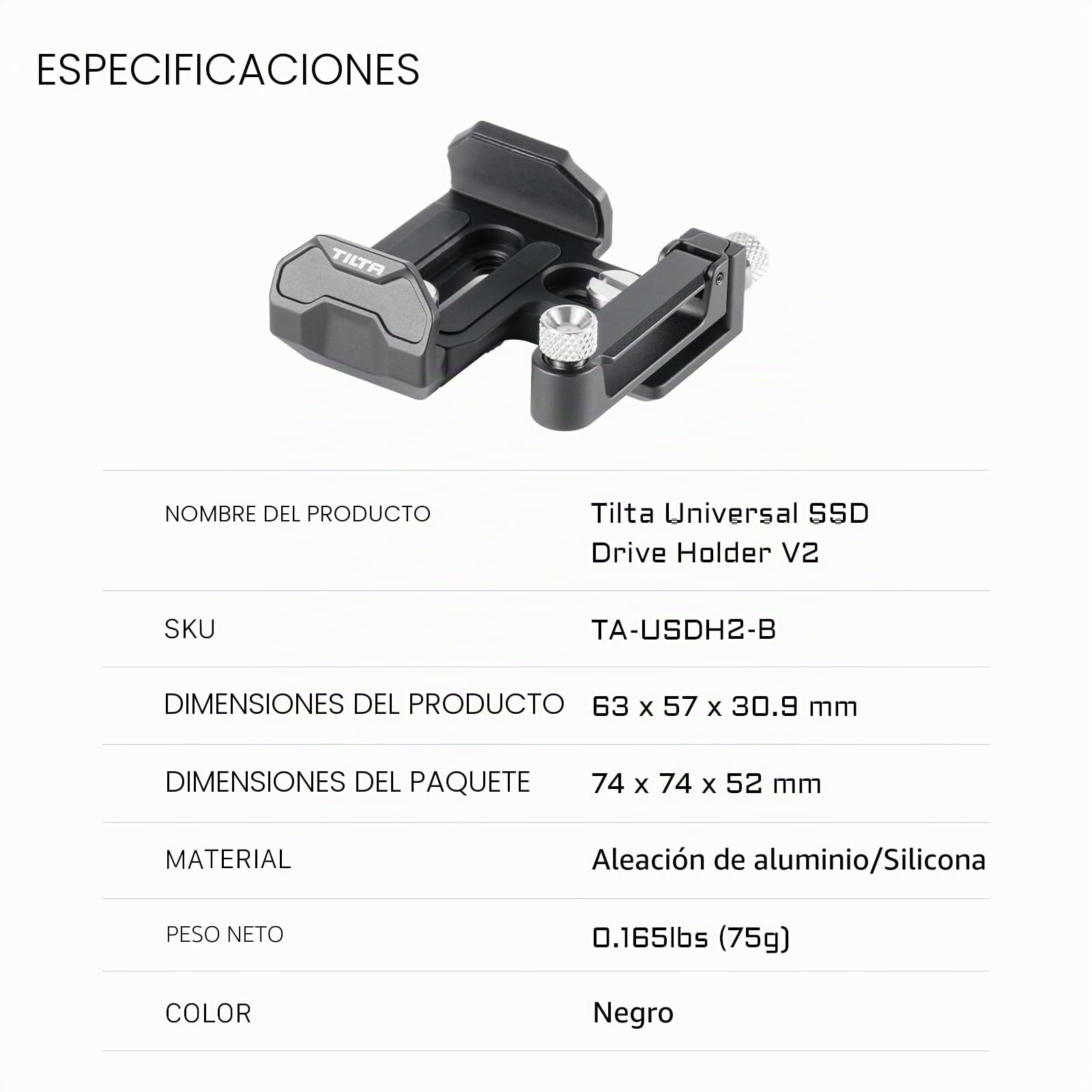 Tilta Soporte universal para unidad SSD V2 con ranura de 1/10.2 cm-20, se adapta a SSD de 50-70 mm de ancho y 15 mm de grosor, negro TA-USDH2-B