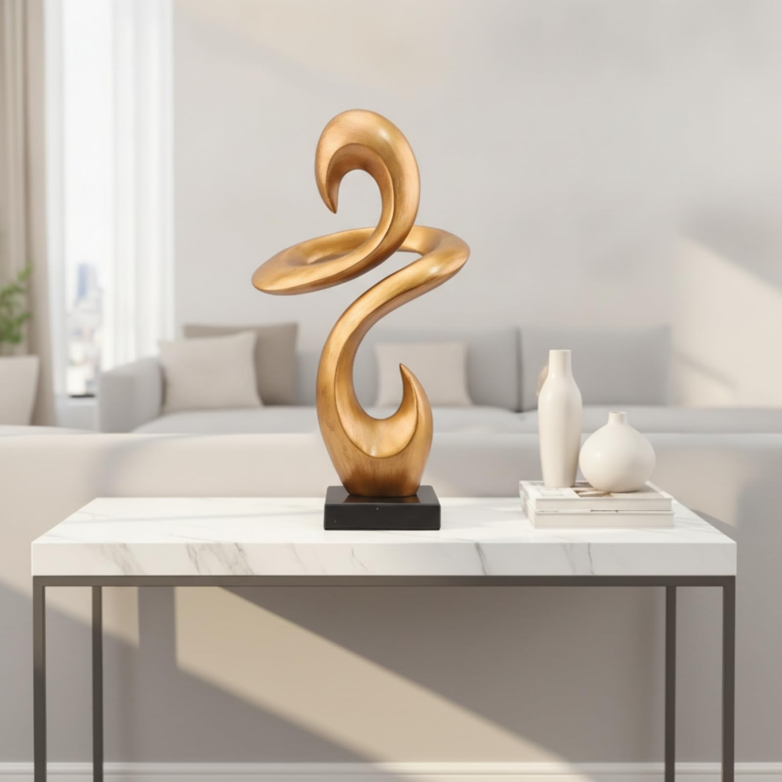 Colcolo Scultura D Resina Ornamento Astratto Moderno Doppia Curva Statuetta da Tavolo con Base Quadrata Stabile Superficie Curva Liscia Rivestimento Dorato Adatta per Soggiorno Libreria Ufficio