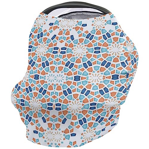 Nursing Cover for Breastfeeding Scarf, Orange Blue White Geometric Abstract Baby Car Covers Super Soft Multi Use for Canopy Shopping Cart Cover Blanket Stroller Cover