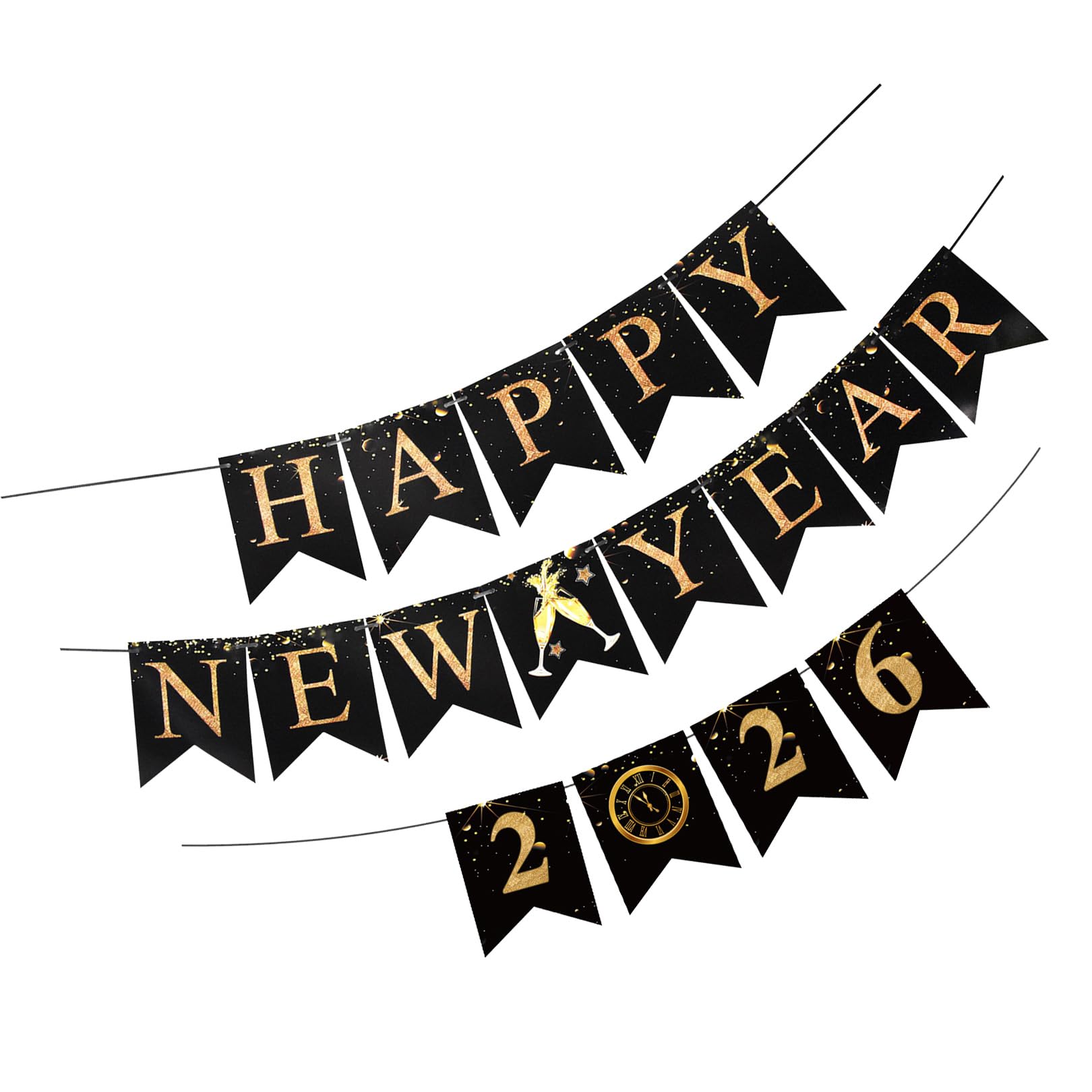 Silvester Deko 2026 Hängende Wirbel,Silvesterdeko Happy New Year 2026 Deko Schwarz Gold Swirl Streamers Neujahr Spiral Hängedeko Girlande Silvester Party Dekorationen für Home Indoor Outdoor
