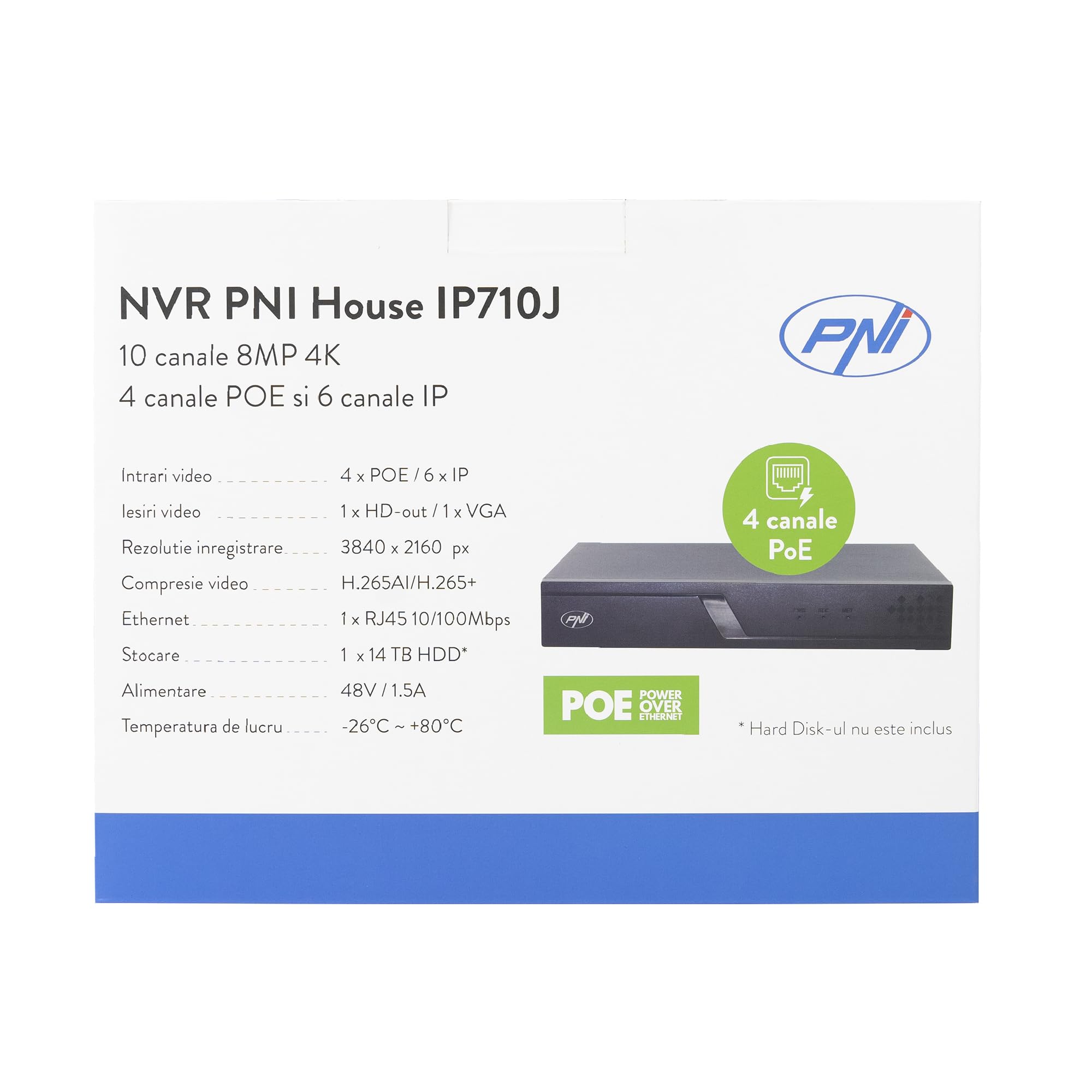 POE NVR PNI House IP710J, 10 canali 4K 8MP, 4 canali POE, sì, 6 canali IP, nero