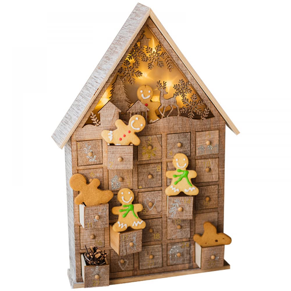 Siqi Countdown To Christmas Calendario de Adviento con luz led de madera, cajonera Candy House