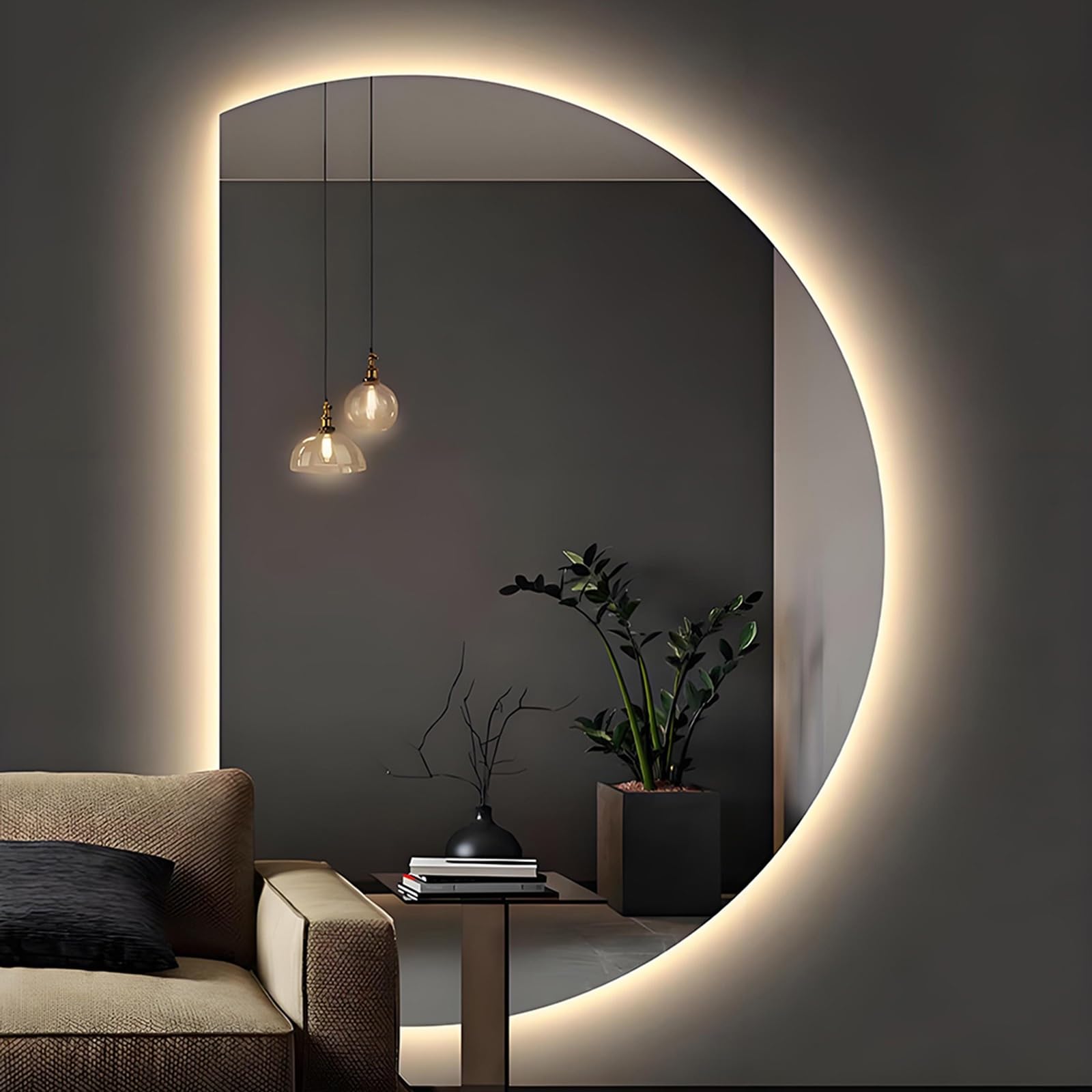 SXFSDOU Modern Smart Bathroom Mirror 35×24in, 39×28in Half Moon LED Wall with 3 Colors Illuminated Anti-Fog for Living Room Entryway 47×32in(Left Cut,100 * 70cm)