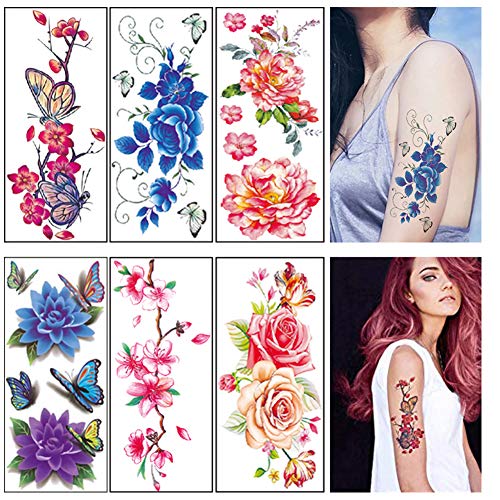 Flower Temporary Tattoos For Women Adults 3D Butterfly Rose Tattoo Sexy Fake Tattoo Stickers Waterproof Body Art Temp Tattoo Paper Colored Floral Lily Lotus Peony Festival Makeup Tattoo 12 Sheets #TOP2
