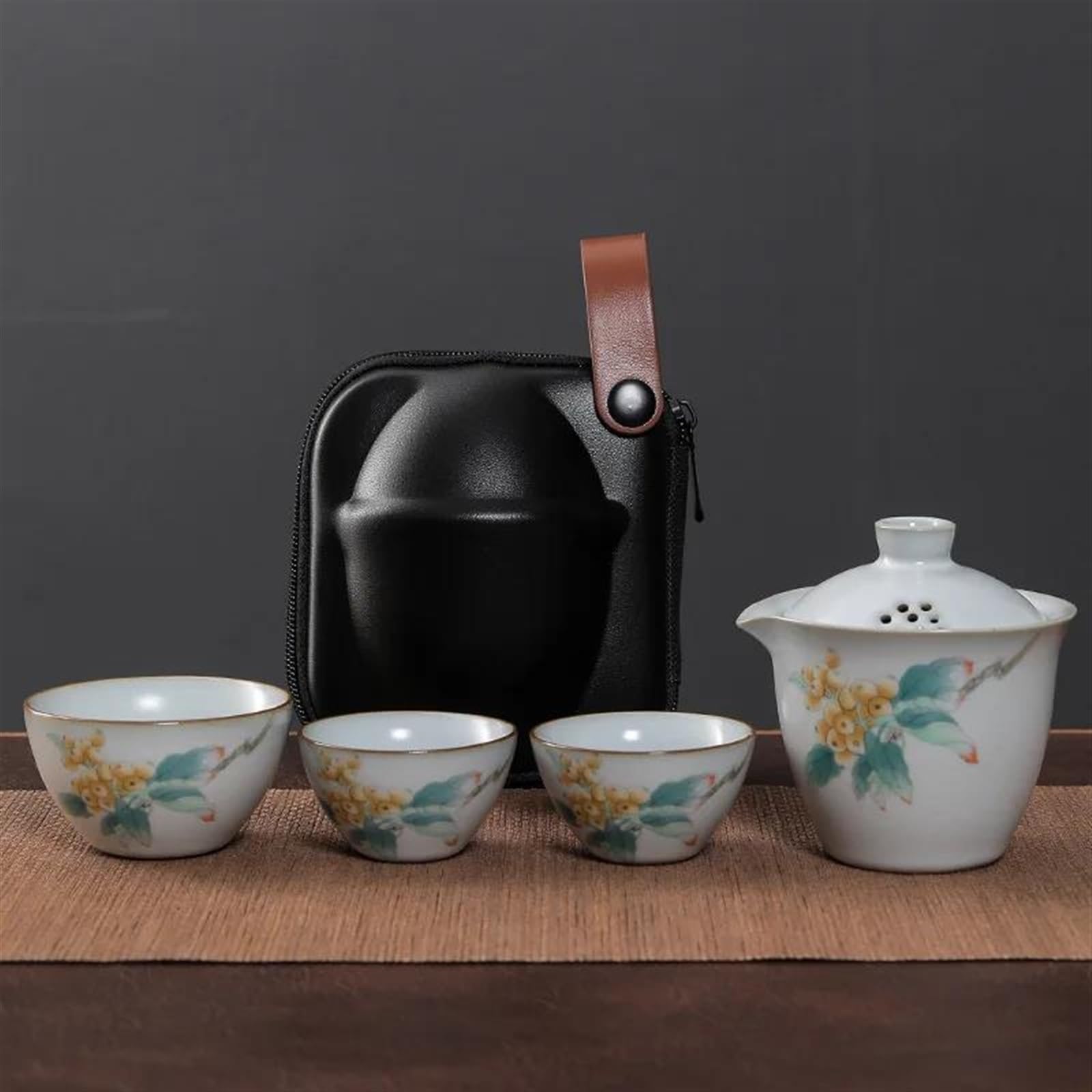 Afternoon Tea Set Ruyao Kuaike Cup Ceramic One Pot Three Cups Car Mounted Outdoor Handdrawn Simple Portable Bag Travel Tea Set Tea Set for Adults (Color : D) (G)