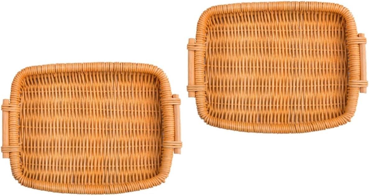 2pcs Rattan Woven Fruit Basket Hand-woven Food Storage Organizer for Bread and Produce Decorative Honey Color Design Rectangle Style for Kitchen Counter and Dining Decor