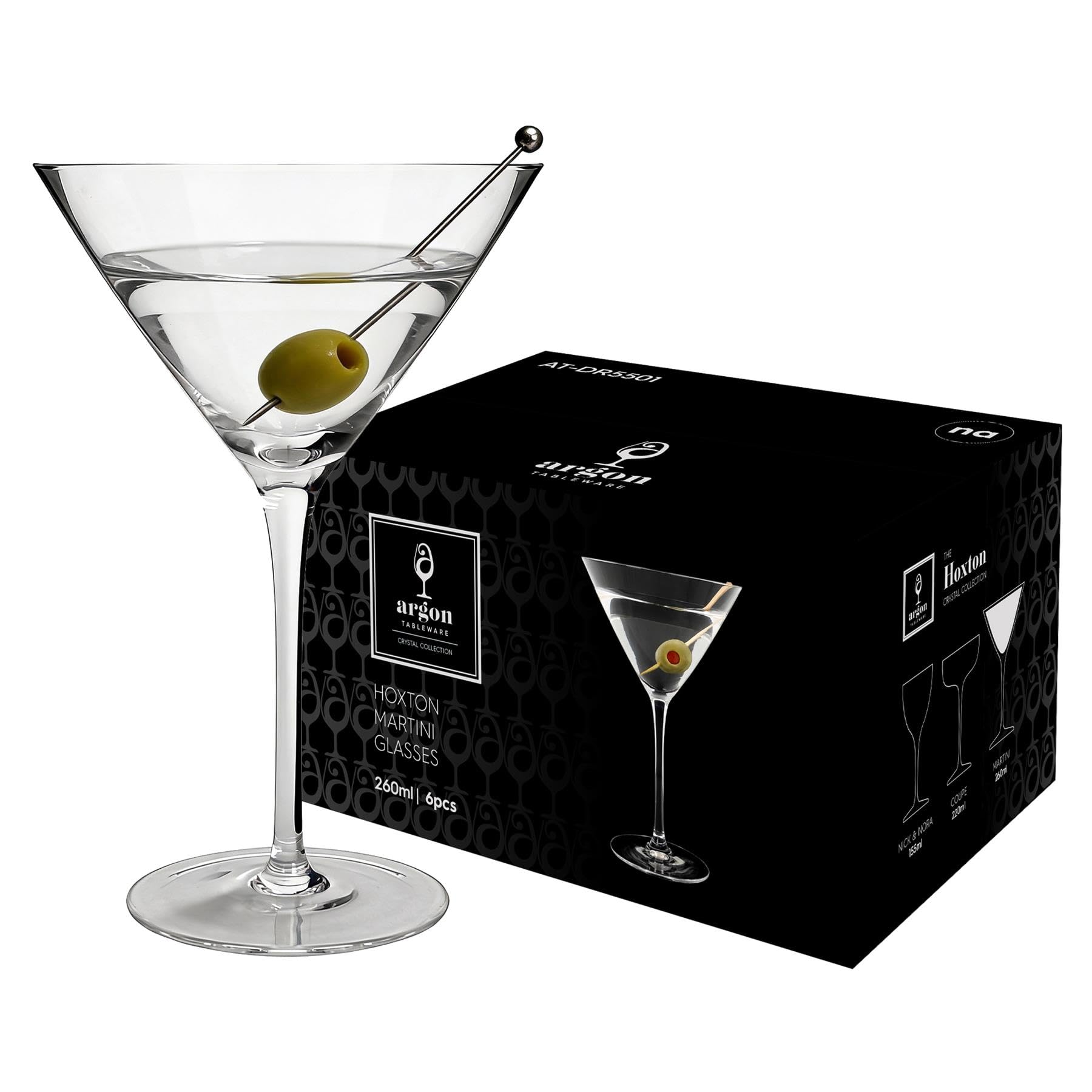 Argon Tableware Hoxton Crystal Martini Glasses 260ml - Pack of 24, Lead-Free Crystal Cocktail Glass Set, Classic Inverted Cone Design, Wide Brim for Gins & Martinis, Gift Boxed