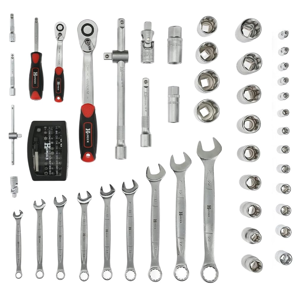 Caisse à outils complète pour le quotidien, 121 pièces, Pinces et coupe-tout, Scie, tournevis et Clés mixtes, Outillages à main, Douilles et accessoires en 1/4", 1/2" - Multiples embouts