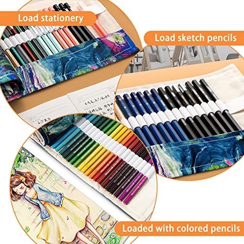 Image of Yitexin 72 Slots Canvas Pencil Roll Wrap, Handmade Roll-Up Pencil Case Pouch Fabric, Large Capacity Pencil Case Holder Organizer for Artists Painting, Sketchers(Black & White)