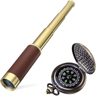 Retro Pirate Telescope Spyglass for Kids Adults Portable Collapsible Handheld Telescope Monocular Zoomable 25x30 & Survival Gear Compass Pocket Military Compass for Outdoor Camping Hiking Boating