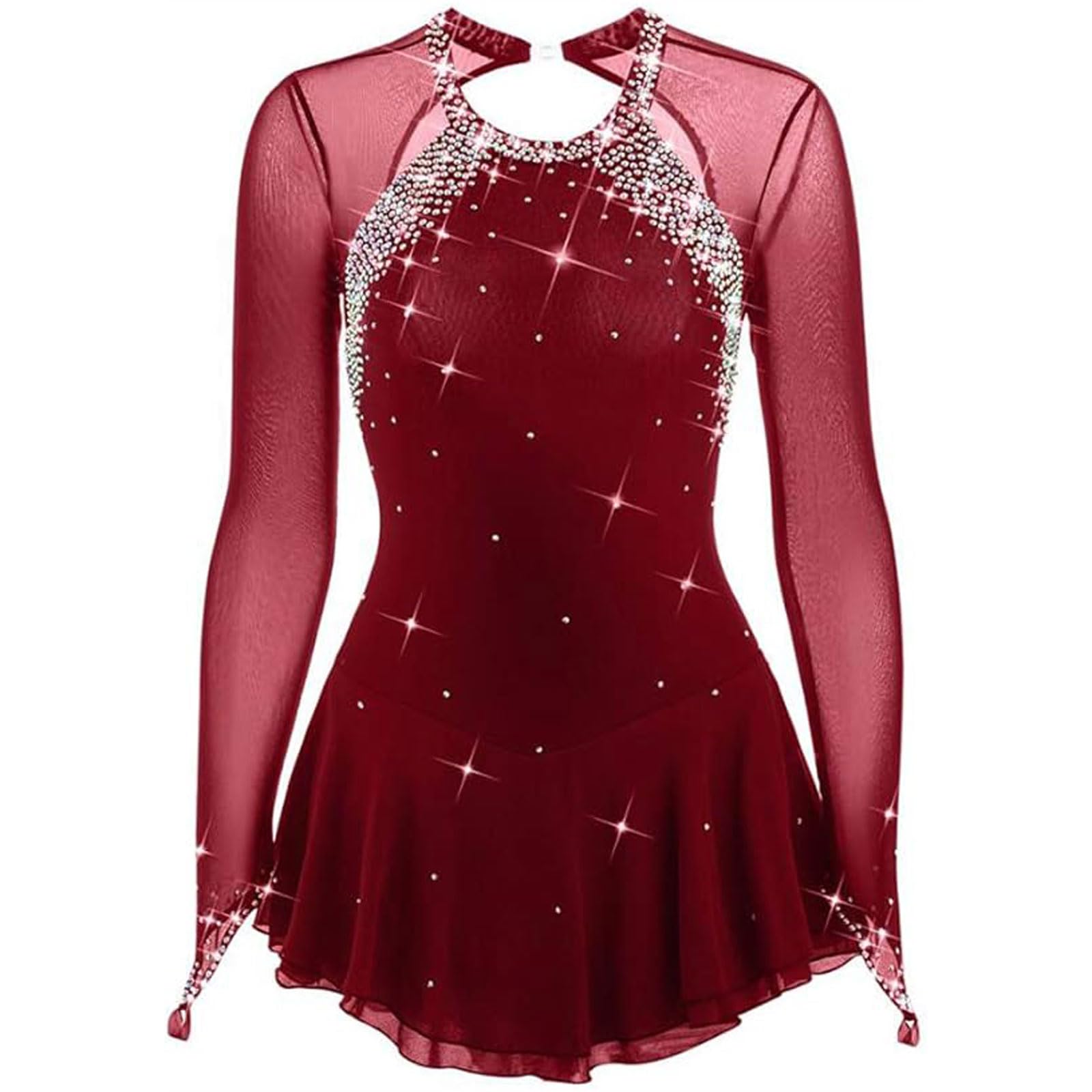 Abito da Prestazione da Pattinaggio Artistico su Ghiaccio Donna Costume da Pattinaggio a Rotelle su Ghiaccio a Maniche Lunghe Body da Ginnastica Ritmica Eleganti con Strass