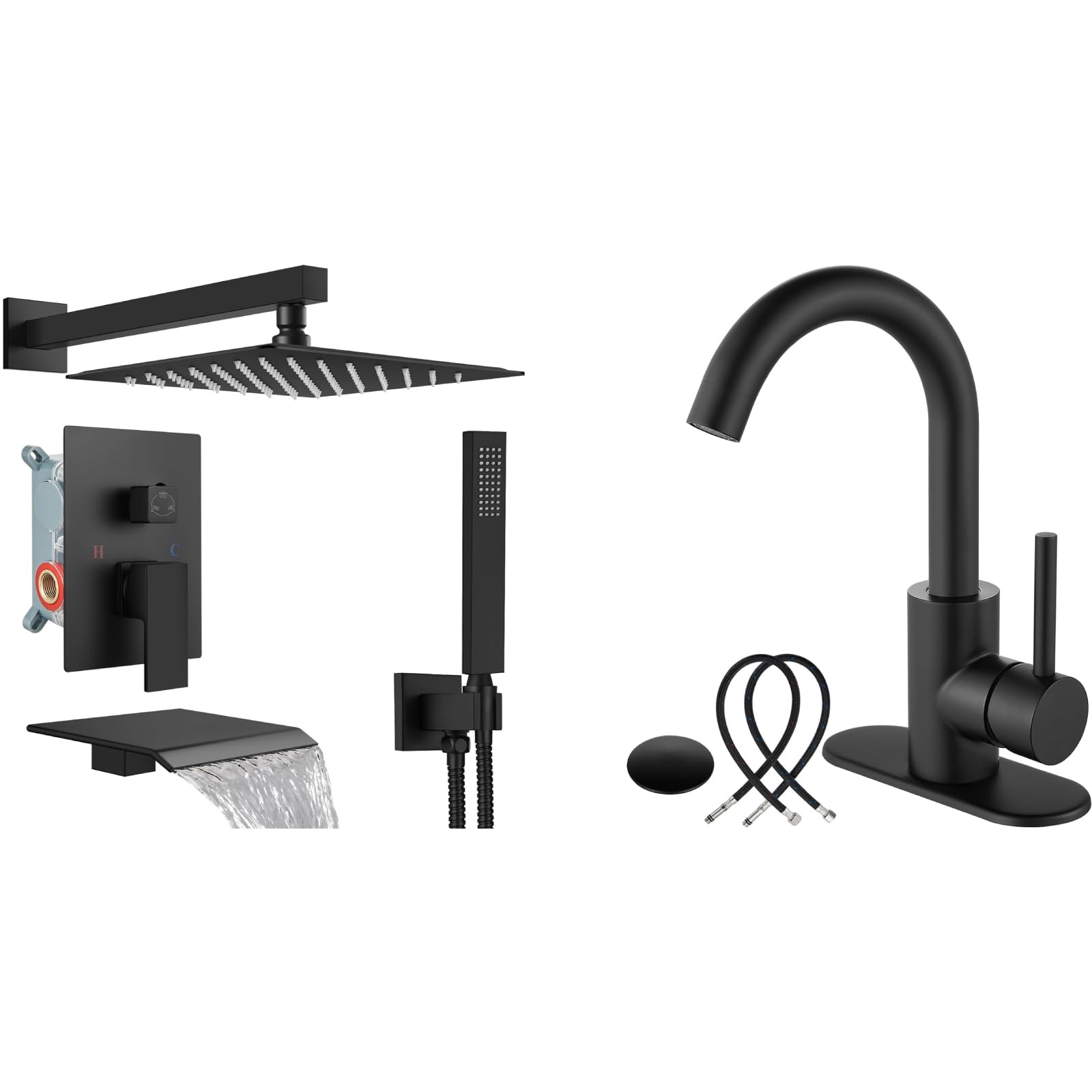 Sxithgkdw Women's Black Matte 10 Inch Square Rainfall Shower Head With Handheld Sprayer And Waterfall Tub Spout With Matte Single Hole Wet Bar Fuacet Bathroom Rv Kitchen Faucet