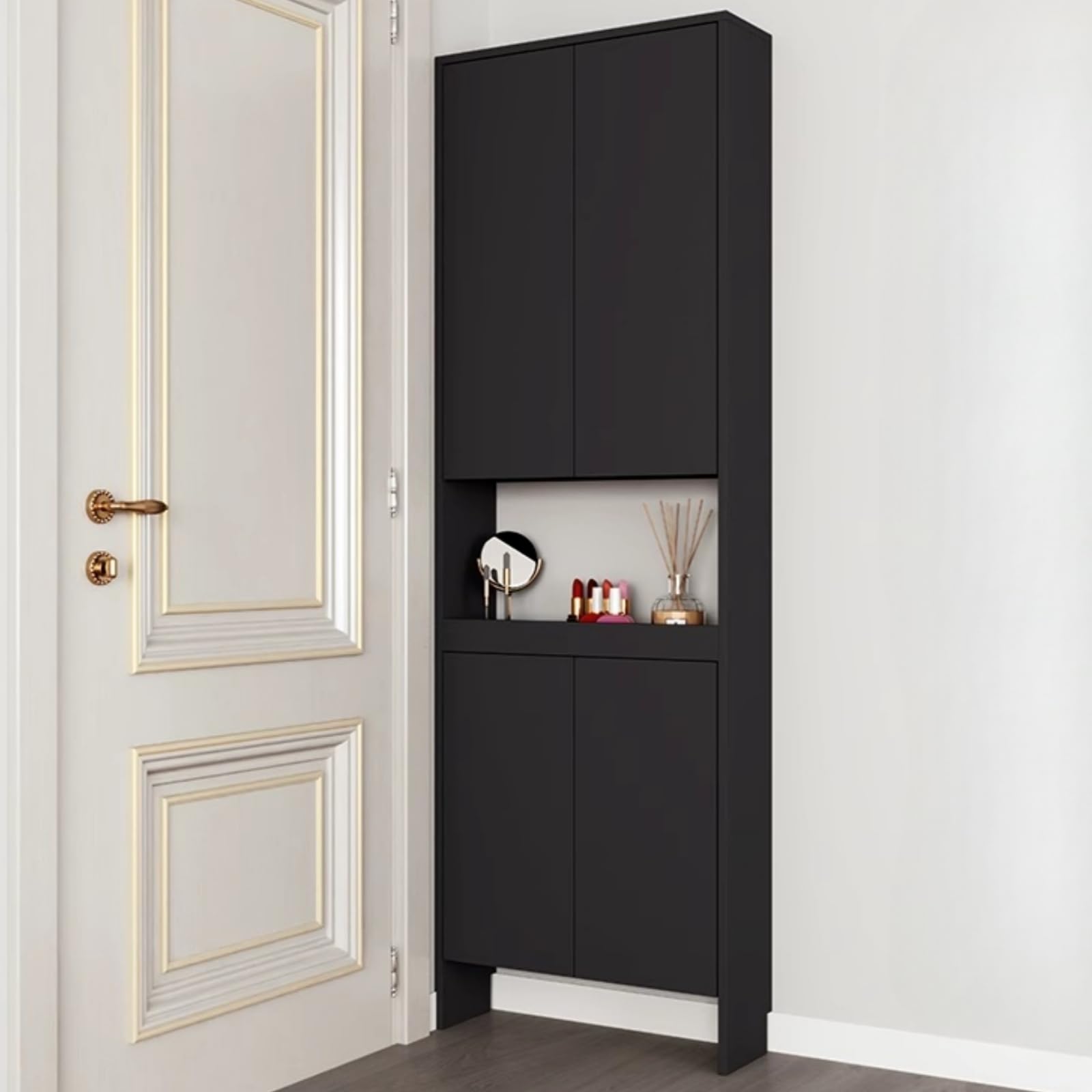 Behind The Door Bookshelf,5-Shelf Bookcase with Storage and Privacy Doors, Wooden Storage Cabinet Behind The Door Suitable for: Bedroom, Living Room, Office(Black) Black 23.6"*4.7"*70.8"Doubledoor