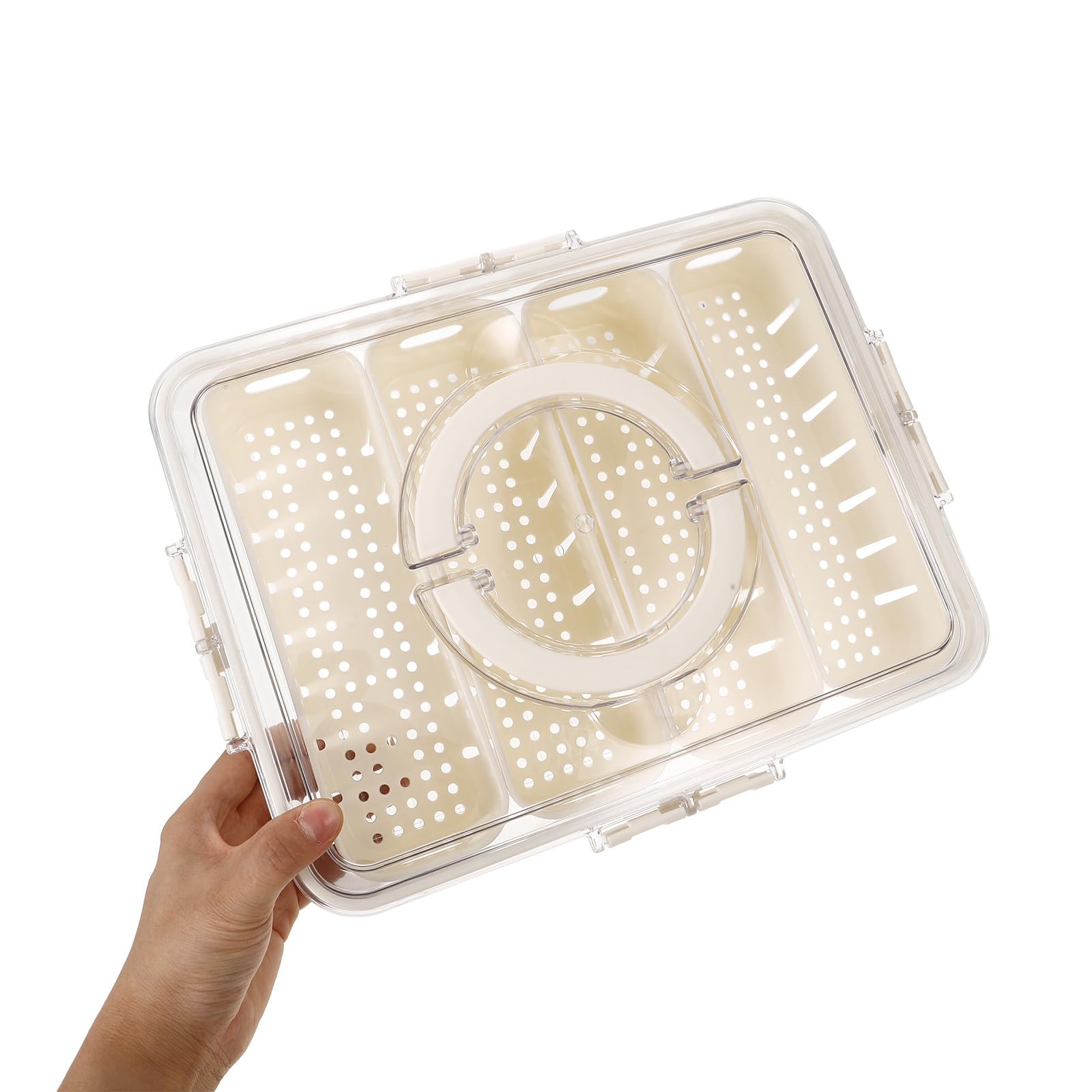 OSALADI Caja de Almacenamiento para Nevera Pet de Grado Alimenticio, Organizador de Congelador Transparente 4 Compartimentos, Diseño Drenaje y Asa Portátil para Conservar Alimentos