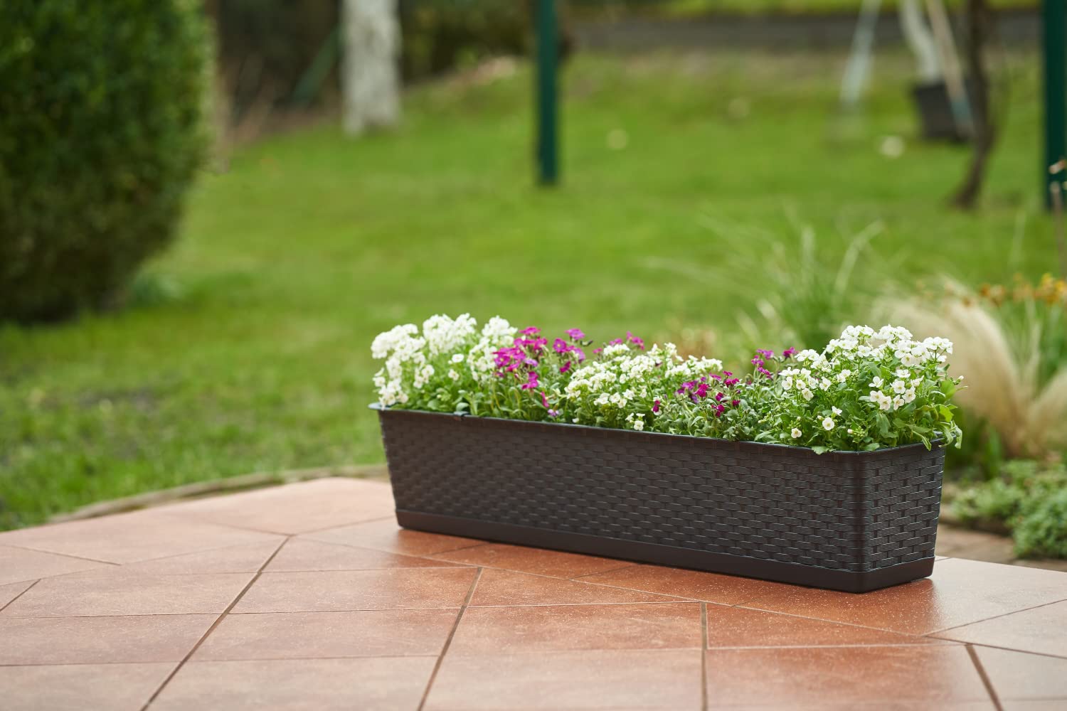 Tymar Fioriera con sottovaso, 2 pezzi, in rattan, fioriere da balcone, in plastica, giardino, balcone, terrazza (2 pezzi) Anhrazite, 80 cm