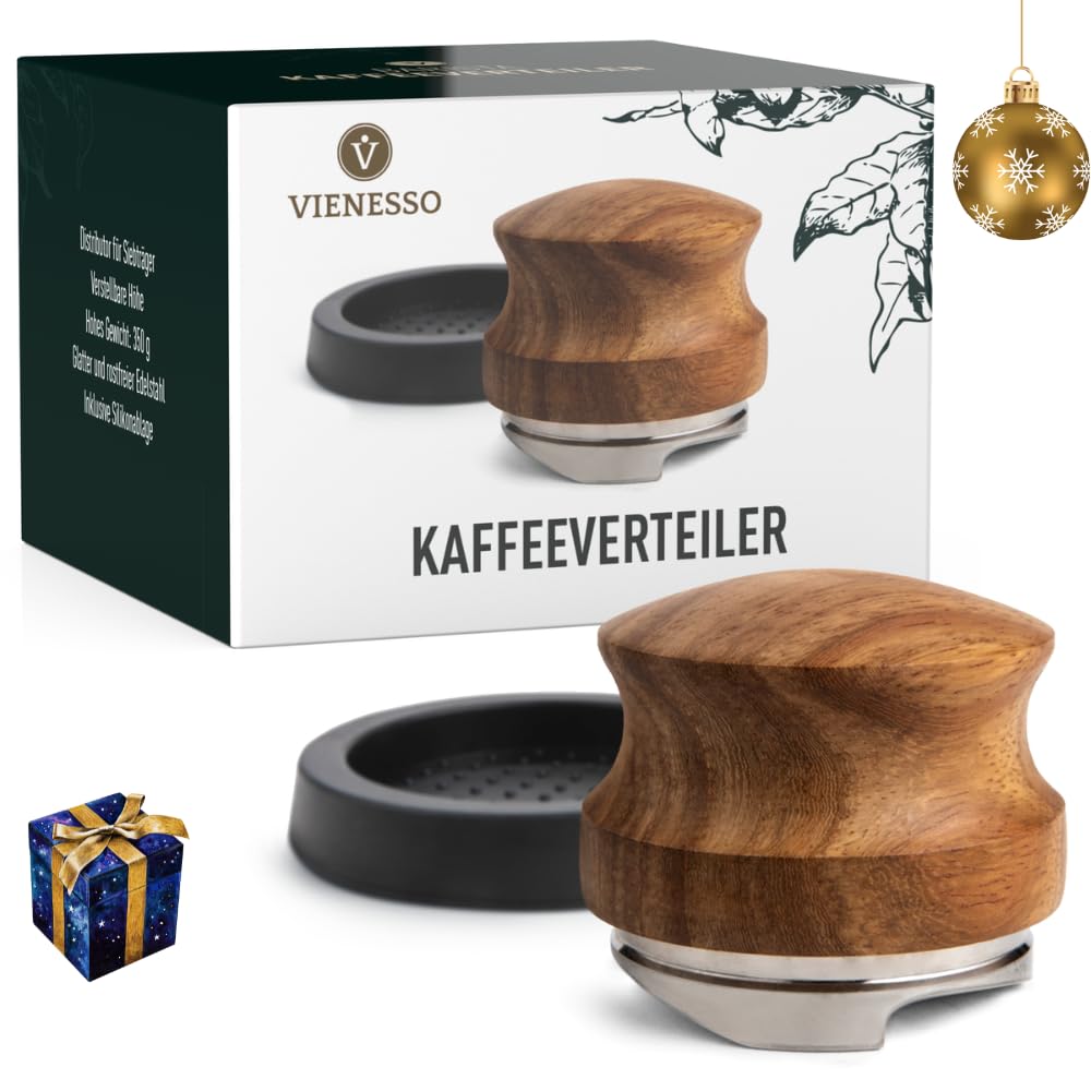 Leveler 58 mm – höhenverstellbarer Espresso‑Puck‑Distributor für Siebträger zur gleichmäßigen Extraktion, langlebiger Edelstahl und Holzgriff