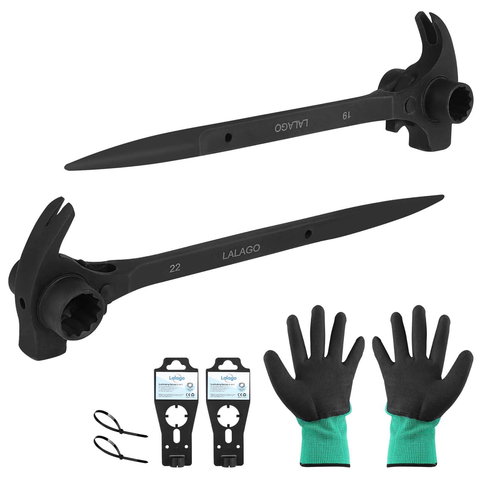 lalago 2pcs Cliquet d'Échafaudage 4 en 1, Clé à Cliquet Réversible 19/22 mm Droite/Gauche, Conique Crécelle en CR-V avec Marteau Arrache-Clous et Pointe de Centrage Noir pour Démontage de Voiture