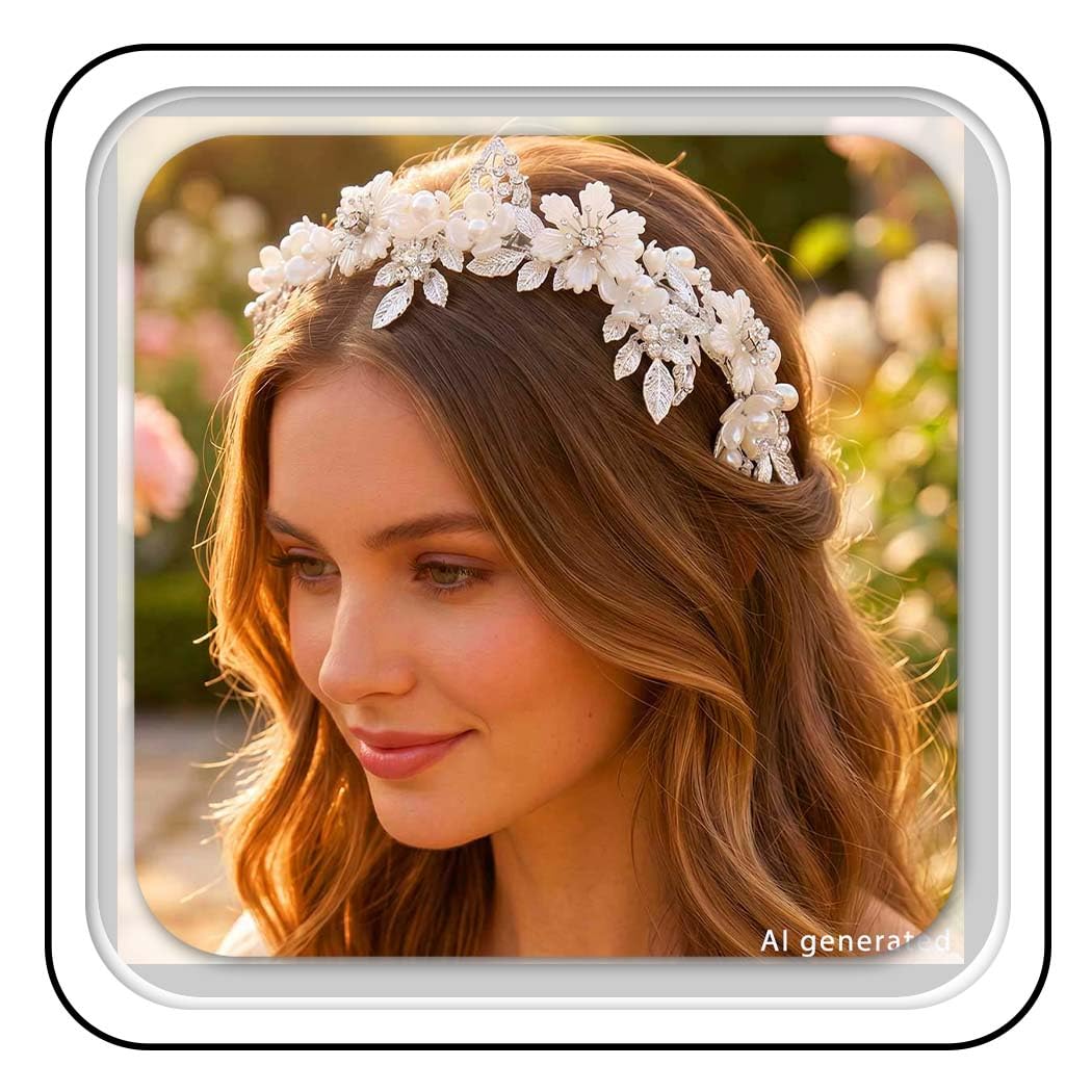 Kilshye Diadema de flores para novia, diadema de hojas para novia, diadema de perlas para mujeres y niñas (plata)