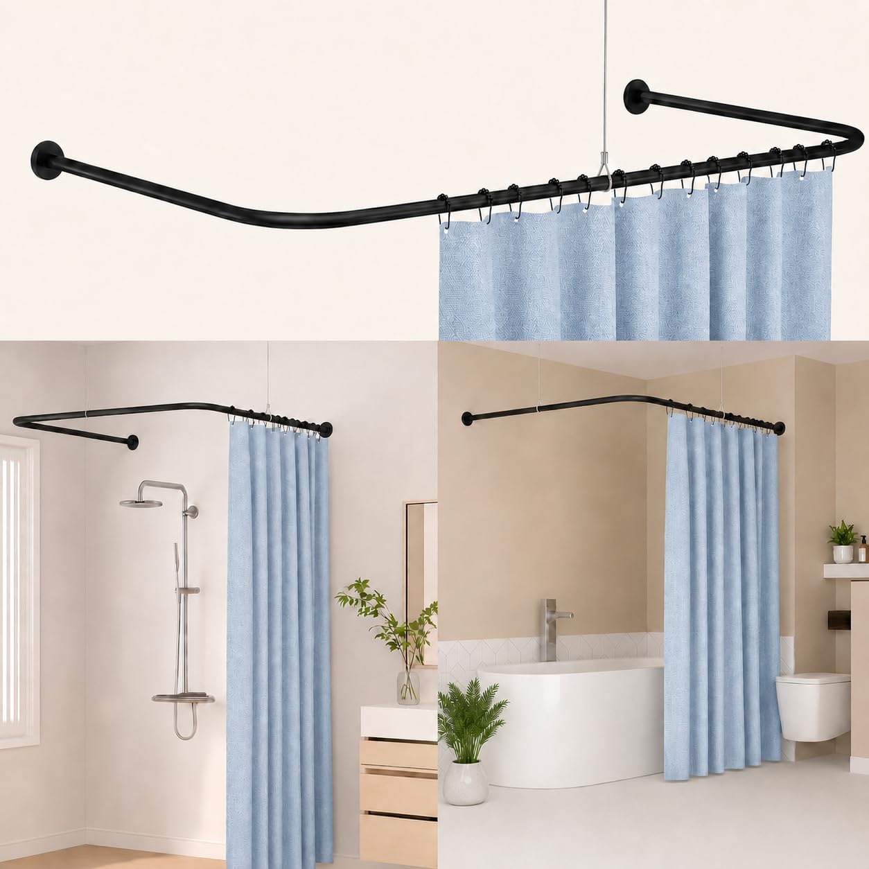 Bastone Per Tenda Da Doccia A Forma Di U/L, Bastone Per Tenda Da Doccia Angolare Retrattile In Acciaio Inox Nero. 75×(150-190)×75 cm Adatto Per Bagni, Spogliatoi, Negozi Di Abbigliamento