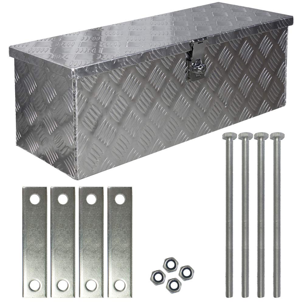Trucky Skrzynka na samochód z aluminium, model D050, 68 x 31 x 25 cm, zamykana, wytrzymała blacha ryflowana, łącznie z zestawem montażowym, do warsztatu, samochodu, hobby