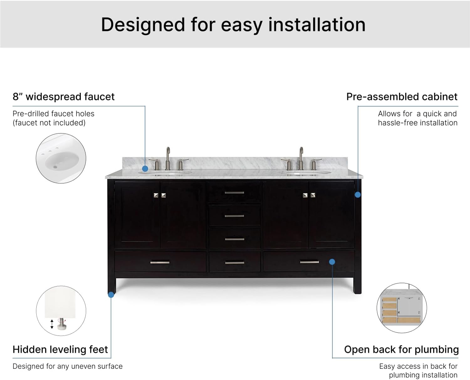 ARIEL Cambridge 72-inch Bathroom Vanity with Sink,Solid Wood, 0.75-inch Italian Carrara Marble Countertop, Double Oval Porcelain Sink, 4 Soft Closing Doors, 6 Dovetail Drawers, Espresso
