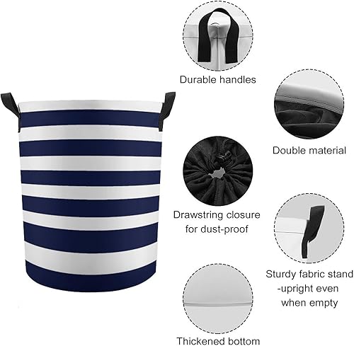 Miniatura 4 de Cesta grande para ropa sucia, diseño de rayas clásicas, color azul marino y blanco, plegable, para baño, dormitorio universitario, almacenamiento