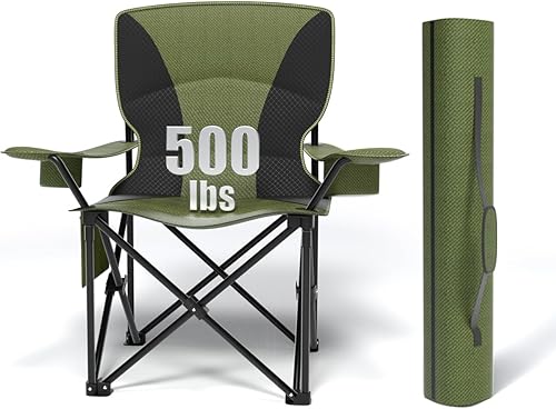 Miniatura 1 de Silla plegable resistente de capacidad de 500 libras, sillas de campamento de gran tamaño con soporte para tazas, bolsa enfriadora y bolsa de