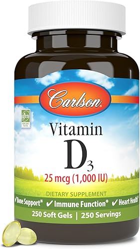 Carlson - Vitamina D3, 1000 UI (25 mcg), salud ósea, salud muscular, colecalciferol, suplementos de vitamina D, geles blandos de vitamina D3, 250