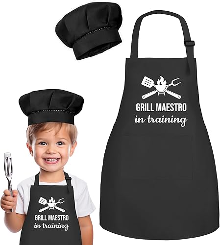 Juego de delantal y sombrero de chef para niños, divertido delantal de entrenamiento con 2 bolsillos para niños y niñas