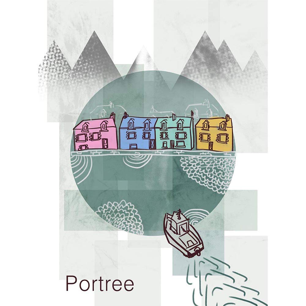 Wee Blue Coo Portree Isle Skye Scotland Graphic Design Style Illustration Art Print Poster Wall Decor 12X16 Inch