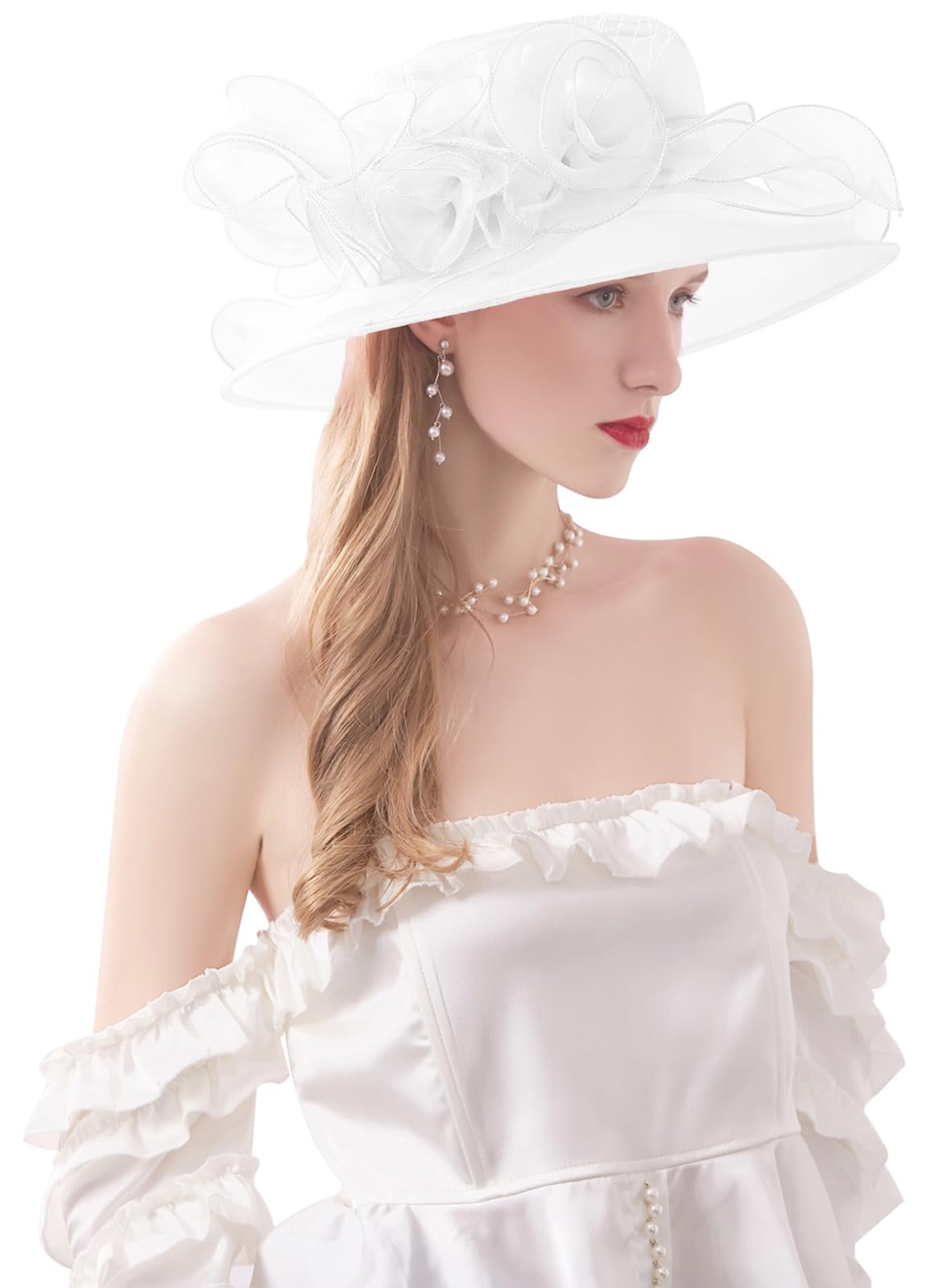 Photo 1 of ORIDOOR Women’s Organza Church Tea Party Wedding Fascinator Derby Hat Wide Brim Sun Hats (D1-White One Size) …