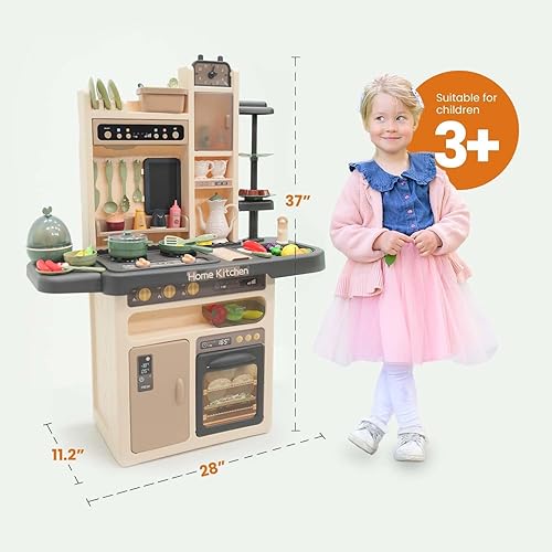 Miniatura 7 de Juego de cocina grande para niños, juego de cocina con sonidos reales de cocina y hervir agua, simulación de rociador y fregadero, juego de