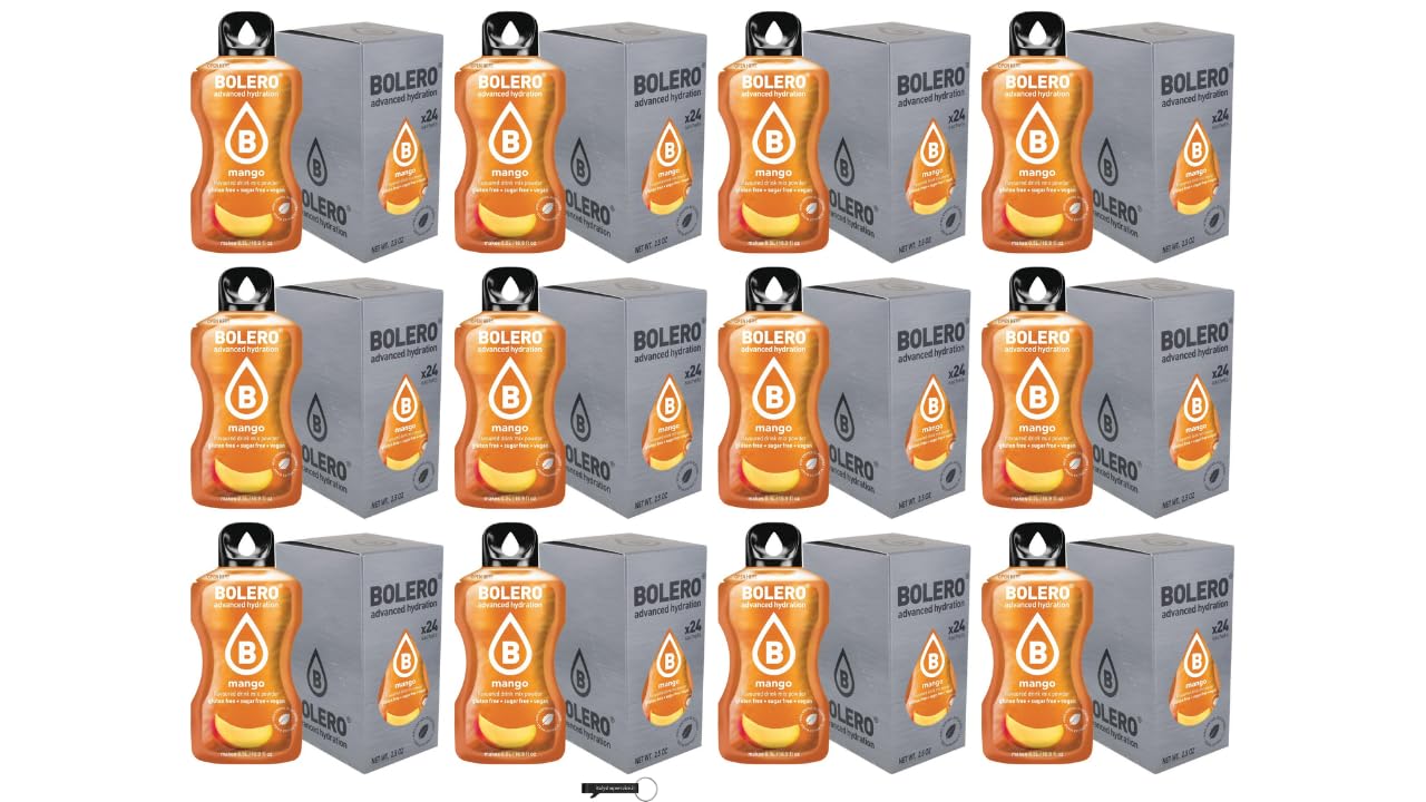 12 x Bolero Drinks Mango – je 24 x 9 g Getränkepulver ohne Zucker – Mit Stevia gesüßt & Vitamin C – Glutenfrei, Vegan,+ Italy Shop Service Kostenloser Schlüsselanhänger