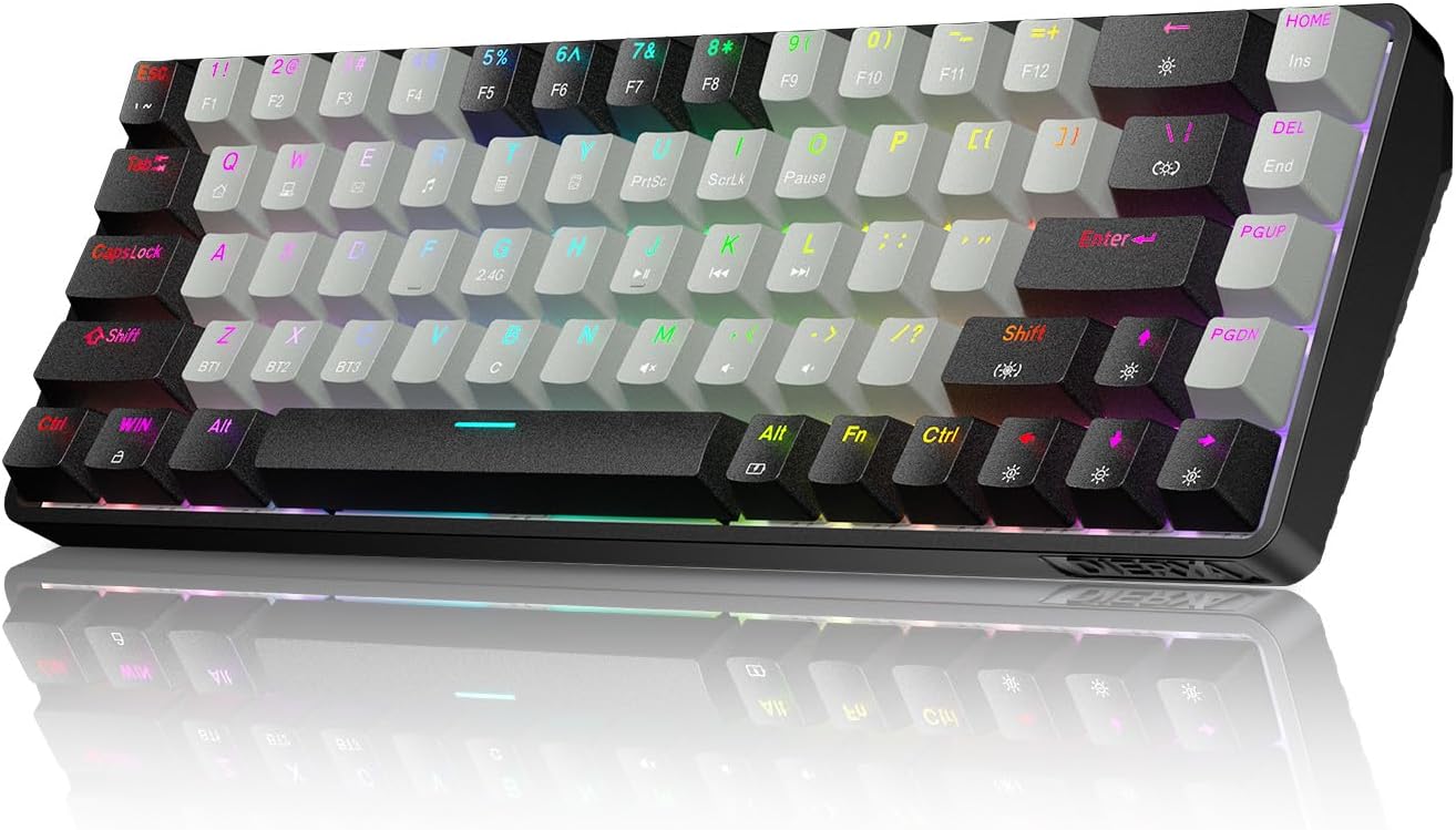 DK68 Wireless Gaming Keyboard Bluetooth/2.4GHz/USB-C, 68 Keys RGB Lighting Mechanical Keyboard, Clicky Blue Switch, QWERTY Layout, Black/Grey