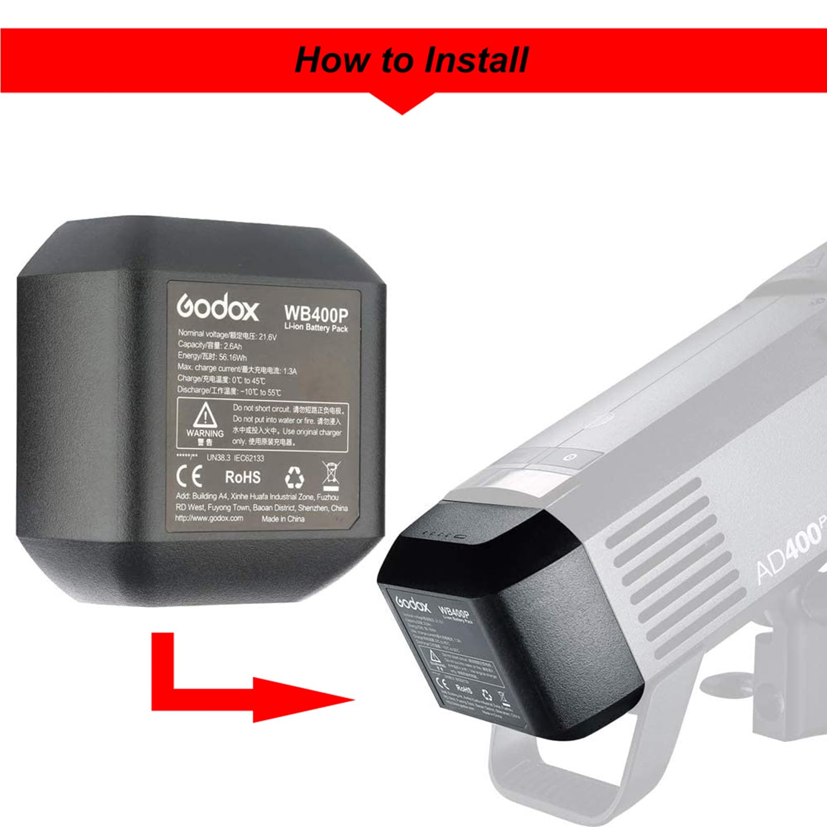 GODOX WB400P Batterie au Lithium de Remplacement pour Godox AD400 Pro Flash, 21.6V/2600mAh 56.16Wh Batterie de Réserve, Batterie Li-ION Rechargeable pour Godox AD400Pro Flash de Studio